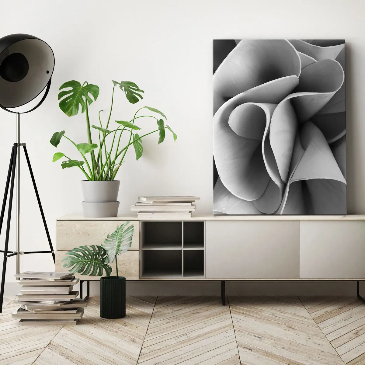 Cuadro sobre lienzo - Impresión de Imagen - Detalles en blanco y negro de formas abstractas. - 50x70cm - Sucede en el espacio - Decoración de pared moderna para salón y dormitorio ARTTOR
