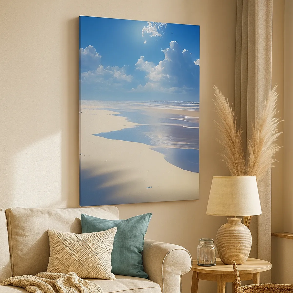 Cuadro sobre lienzo - Impresión de Imagen - Una playa de arena con olas bajo un cielo azul. - 50x70cm - Vacaciones en el paraíso - Decoración de pared moderna para salón y dormitorio ARTTOR