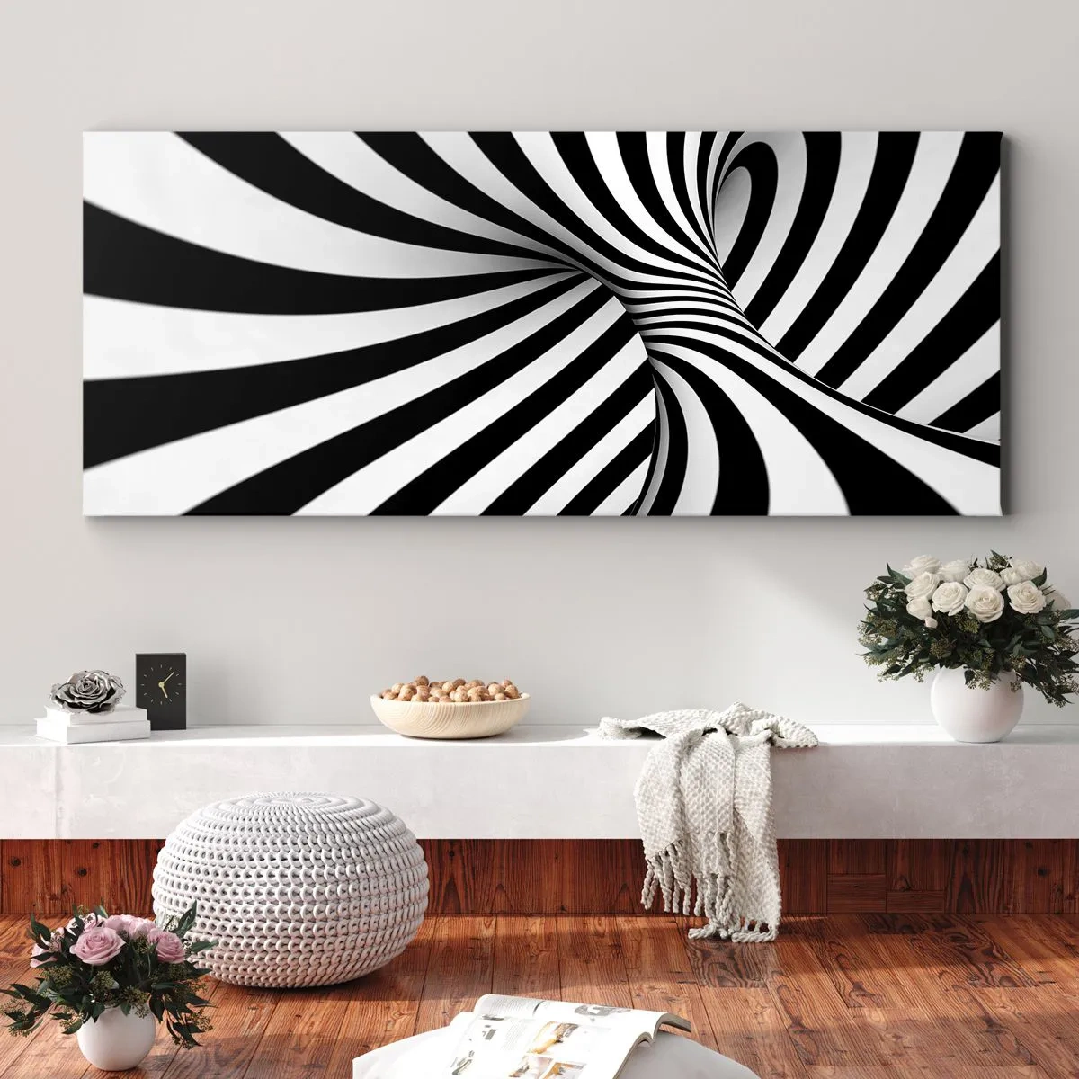 Cuadro sobre lienzo - Impresión de Imagen - Túnel abstracto con rayas espirales blancas y negras - 160x50cm - Composición: espacio de baile - Decoración de pared moderna para salón y dormitorio ARTTOR