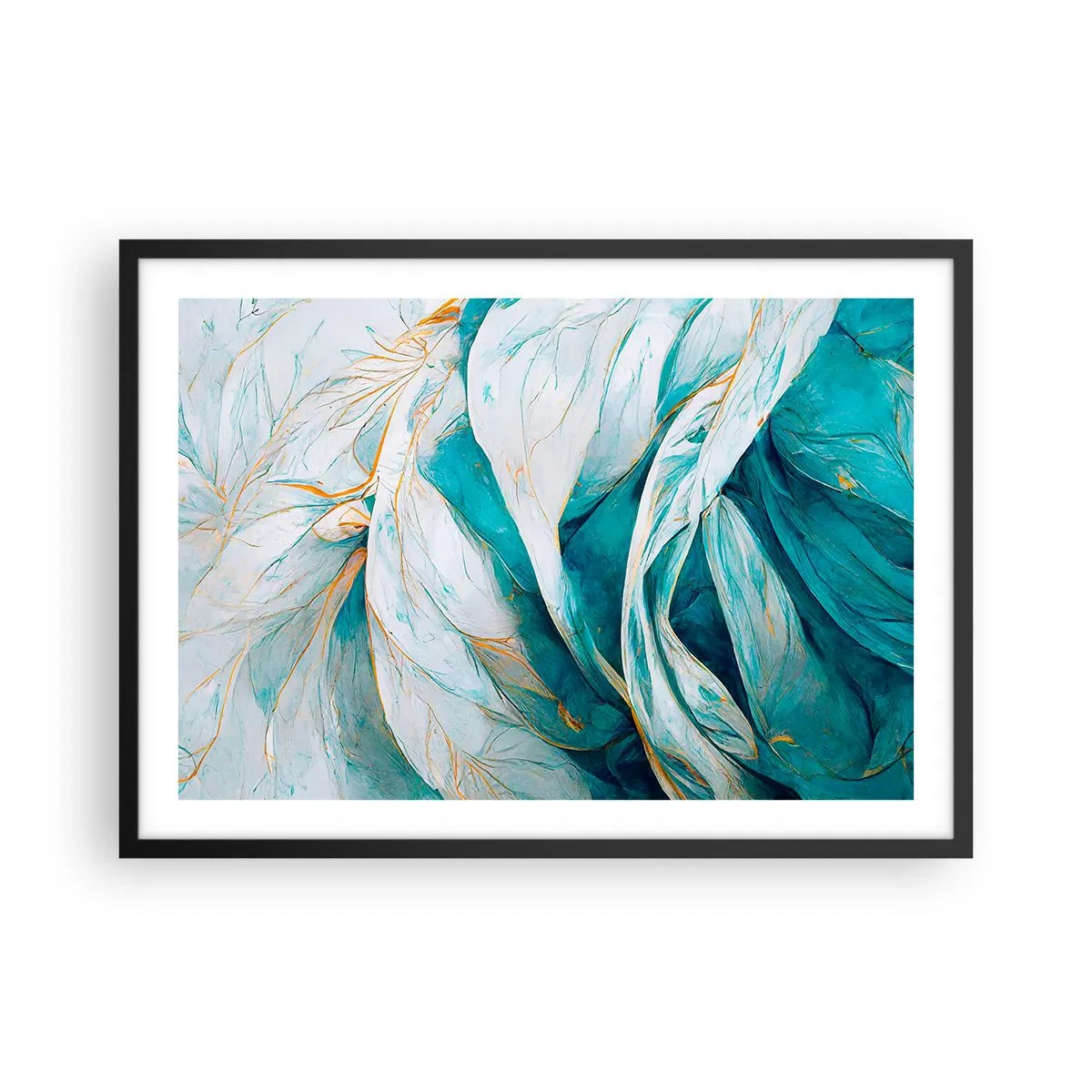 Póster en marco negro - Hojas azules abstractas con detalles dorados - 70x50cm - Abstracción azul con motivos dorados - Decoración de pared moderna para salón y dormitorio ARTTOR