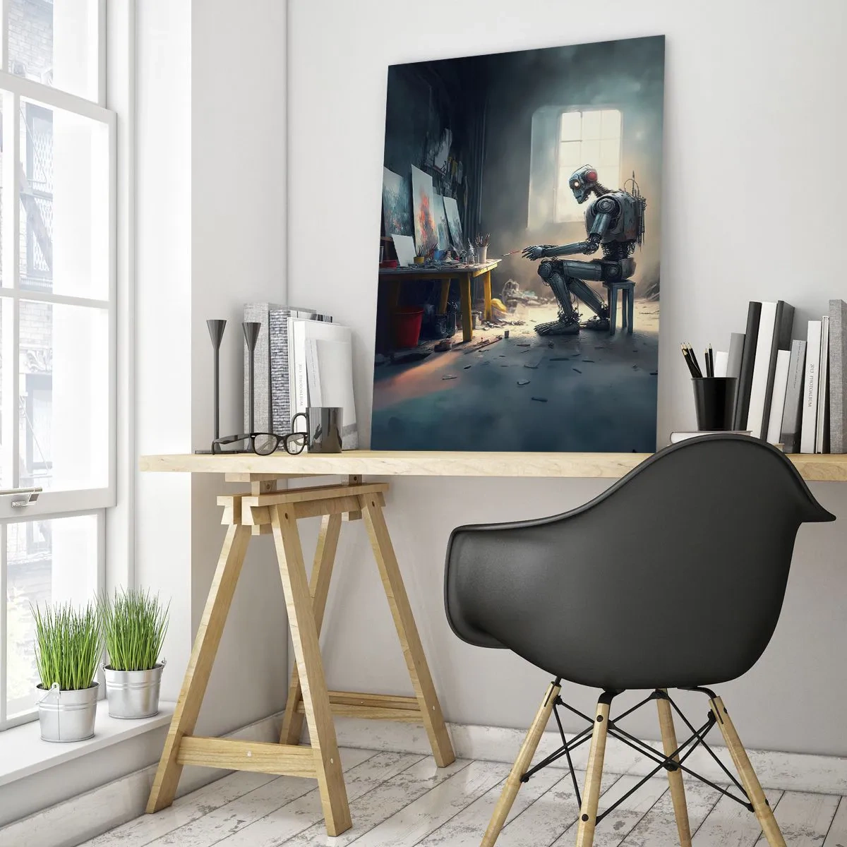 Cuadro sobre vidrio - Impresiones sobre Vidrio - Un robot pintando cuadros en un estudio de arte. - 50x70cm - El acto de creación - Decoración de pared moderna para salón y dormitorio ARTTOR
