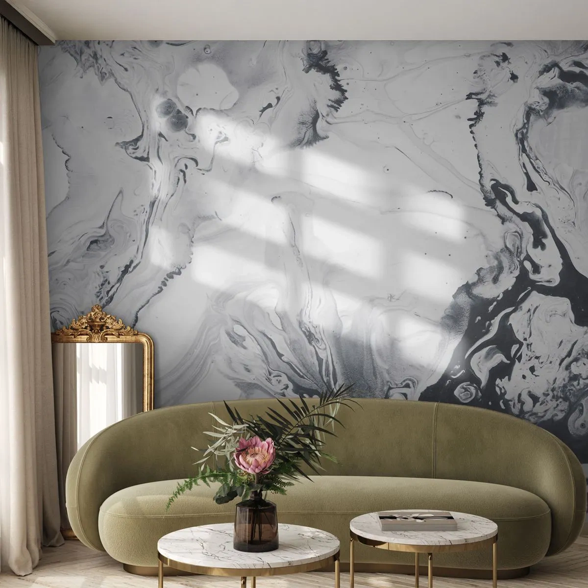 Fotomural Premium Sand - Patrones abstractos de mármol en blanco y negro con una estructura fluida. - 100x70cm - Dentro de la Tierra - Decoración de pared moderna para salón y dormitorio ARTTOR