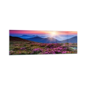 Cuadro sobre vidrio - Impresiones sobre Vidrio - Prado de montaña con flores al atardecer - 160x50cm - Dulce aroma a frescura - Decoración de pared moderna para salón y dormitorio ARTTOR