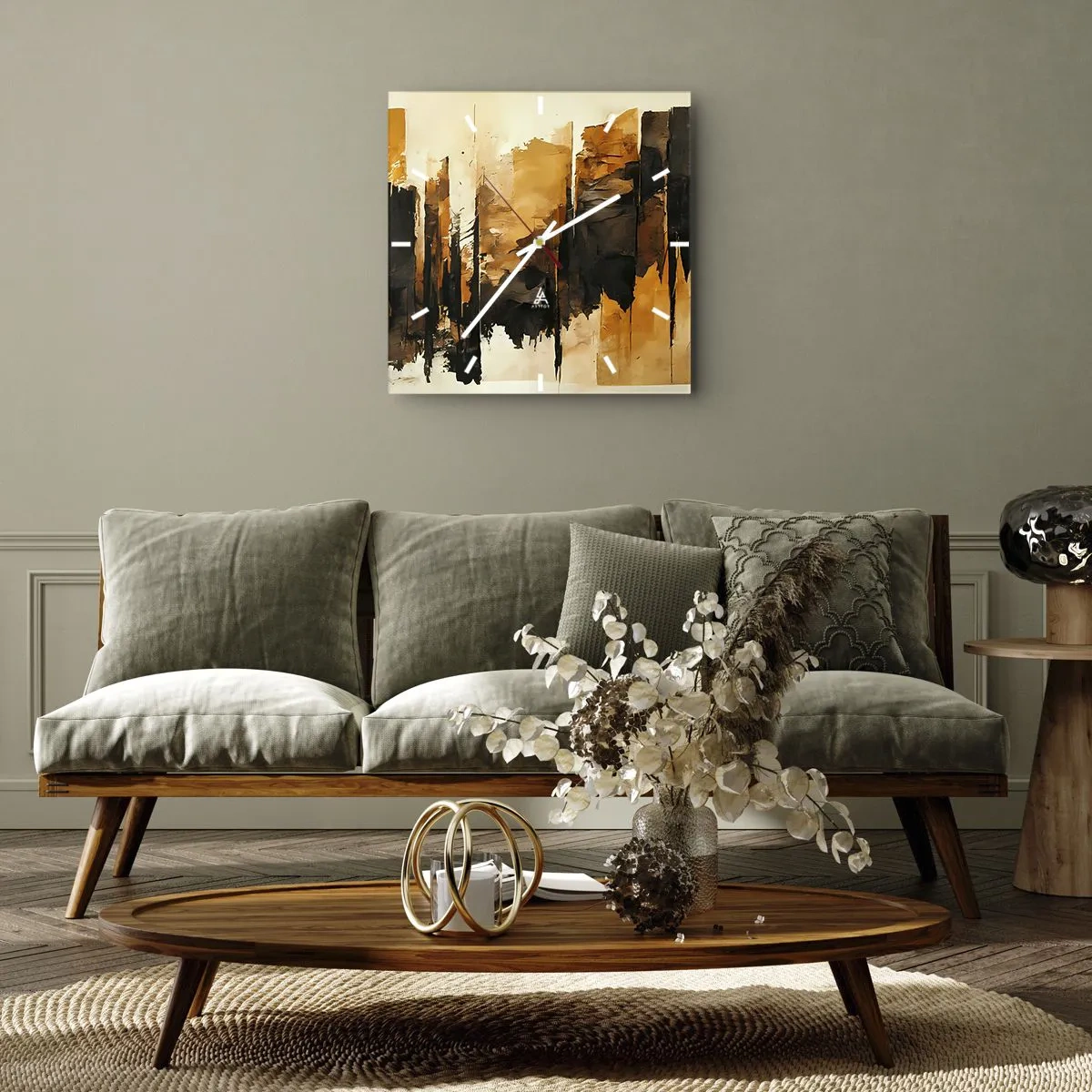 Reloj de pared - Reloj de vidrio - Rayas abstractas doradas y negras en una composición artística - 30x30cm - Armonía de negro y oro - Decoración de pared moderna para salón y dormitorio ARTTOR