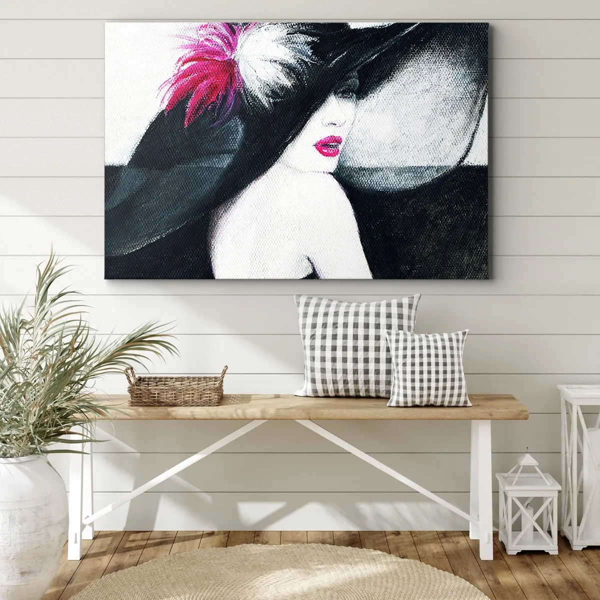 Cuadro sobre lienzo - Impresión de Imagen - Mujer elegante con un sombrero de plumas - 70x50cm - Siempre un misterio - Decoración de pared moderna para salón y dormitorio ARTTOR