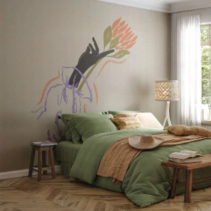 Fotomural Premium Sand - Un ramo gráfico sostenido por la silueta de una mano. - 100x70cm - Un toque fraternal - Decoración de pared moderna para salón y dormitorio ARTTOR