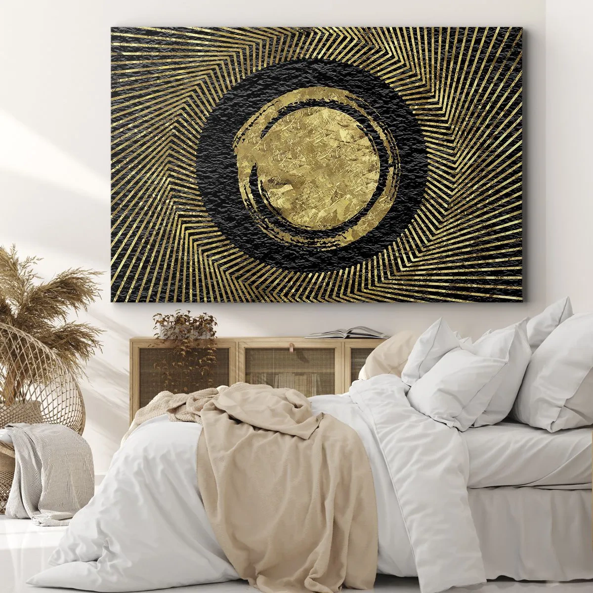 Cuadro sobre lienzo - Impresión de Imagen - Composición geométrica en negro y dorado con rayos. - 70x50cm - Composición glamour - Decoración de pared moderna para salón y dormitorio ARTTOR