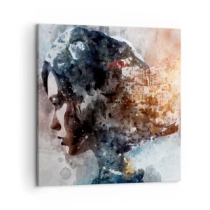 Cuadro sobre lienzo - Impresión de Imagen - Una historia sobre una niña con una ciudad de fondo - 50x50 cm