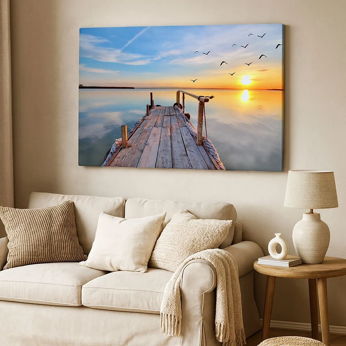Cuadro sobre lienzo - Impresión de Imagen - Muelle de madera al atardecer en un lago tranquilo - 70x50cm - Caminando hacia el sol - Decoración de pared moderna para salón y dormitorio ARTTOR