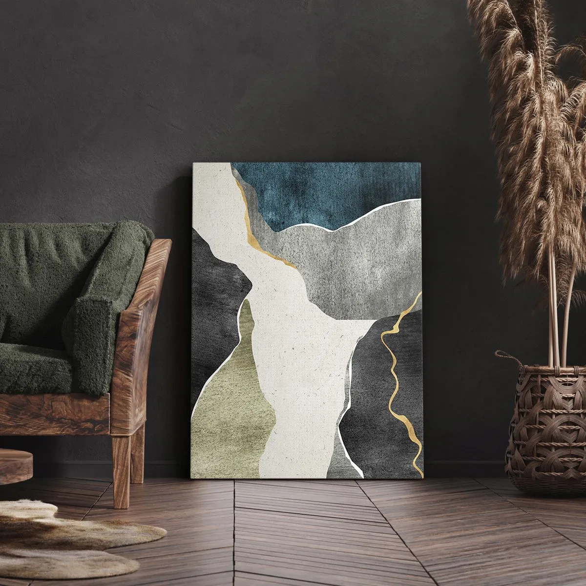 Cuadro sobre lienzo - Impresión de Imagen - Formas geométricas en tonos grises, verdes y dorados. - 50x70cm - Composición en mosaico con una hebra de oro - Decoración de pared moderna para salón y dormitorio ARTTOR