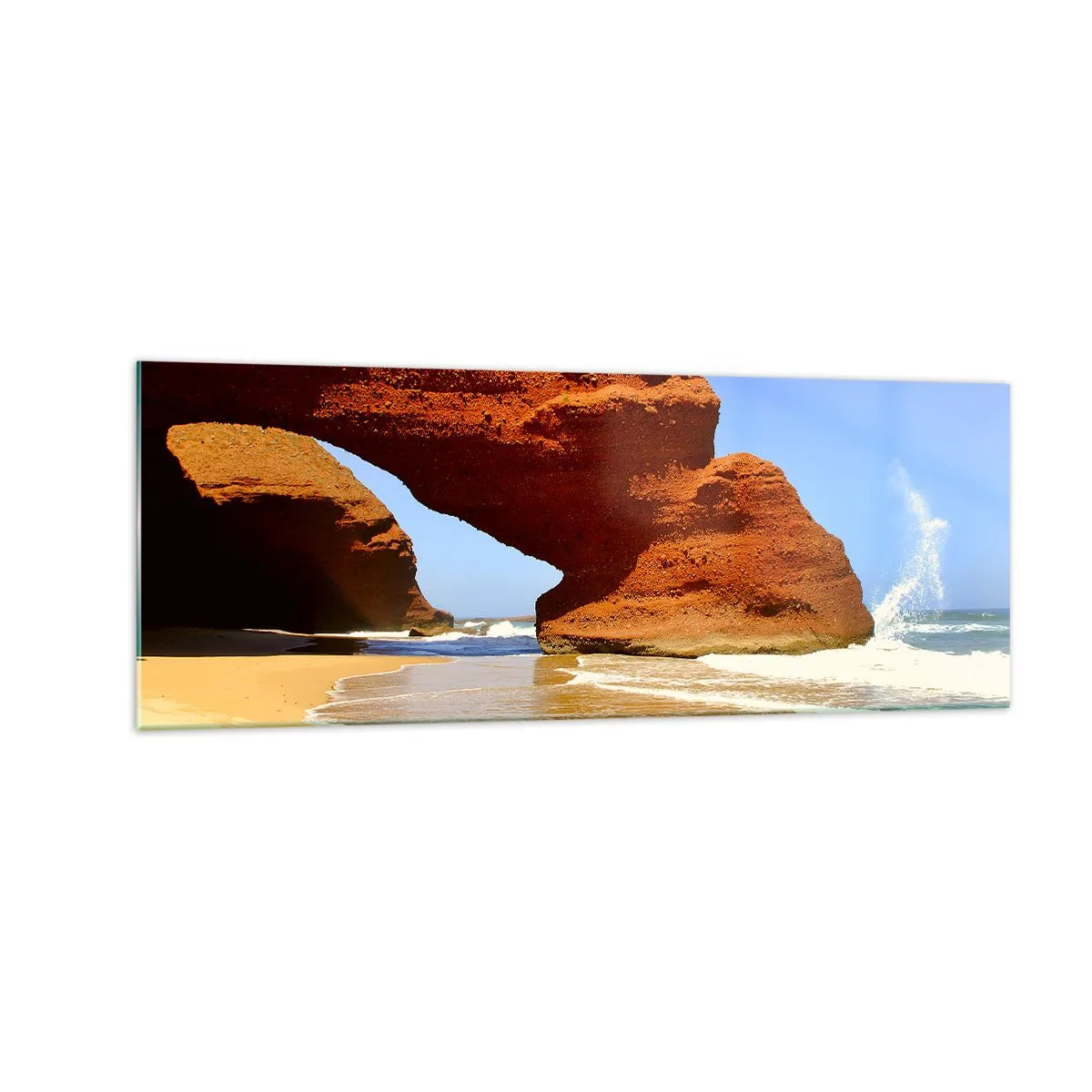 Cuadro sobre vidrio - Impresiones sobre Vidrio - Un arco de roca natural en una playa con cielos azules y olas. - 140x50cm - El agua y el viento a través de miles de años - Decoración de pared moderna para salón y dormitorio ARTTOR
