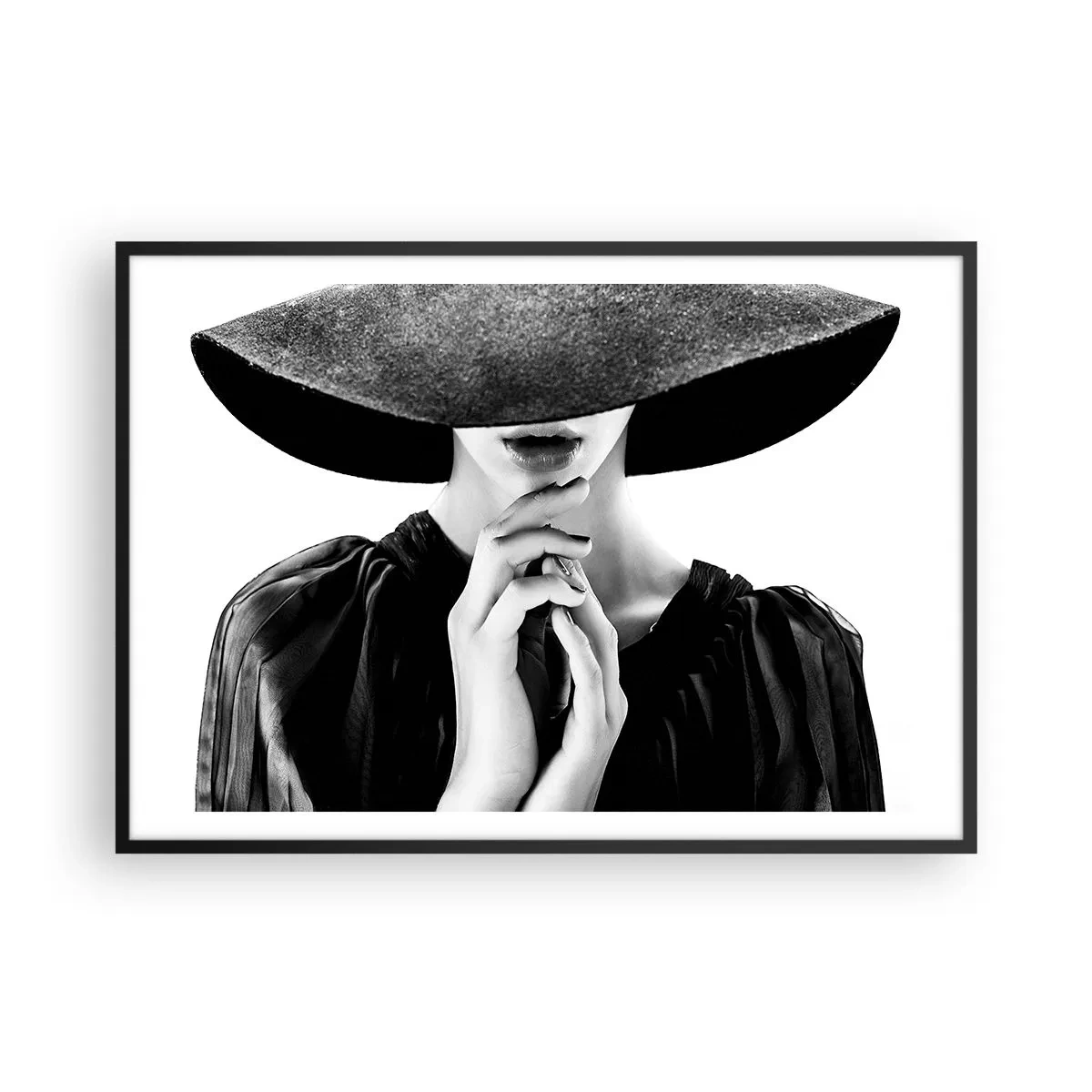 Póster en marco negro - Mujer elegante con un gran sombrero en tonos blanco y negro. - 100x70cm - Belleza oculta - Decoración de pared moderna para salón y dormitorio ARTTOR