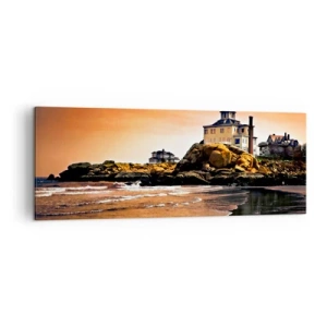 Cuadro sobre lienzo - Impresión de Imagen - Una casa sobre una roca junto a la playa al atardecer con su reflejo en el agua. - 140x50cm - La elegancia de la costa oeste - Decoración de pared moderna para salón y dormitorio ARTTOR