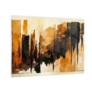 Cuadro sobre vidrio - Impresiones sobre Vidrio - Abstracción de color marrón dorado con estructuras verticales - 70x50cm - Armonía de negro y oro - Decoración de pared moderna para salón y dormitorio ARTTOR