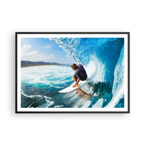 Póster en marco negro - Un surfista en una pose dinámica sobre una ola en agua turquesa. - 100x70cm - Bailando con las olas - Decoración de pared moderna para salón y dormitorio ARTTOR