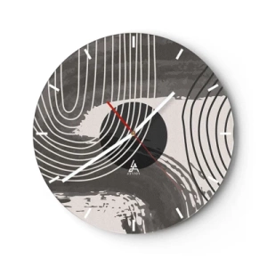 Reloj de pared - Reloj de vidrio - Líneas blancas y negras en un ritmo ondulado que rodea un círculo negro. - 30x30cm - La victoria del óvalo - Decoración de pared moderna para salón, cocina y dormitorio ARTTOR