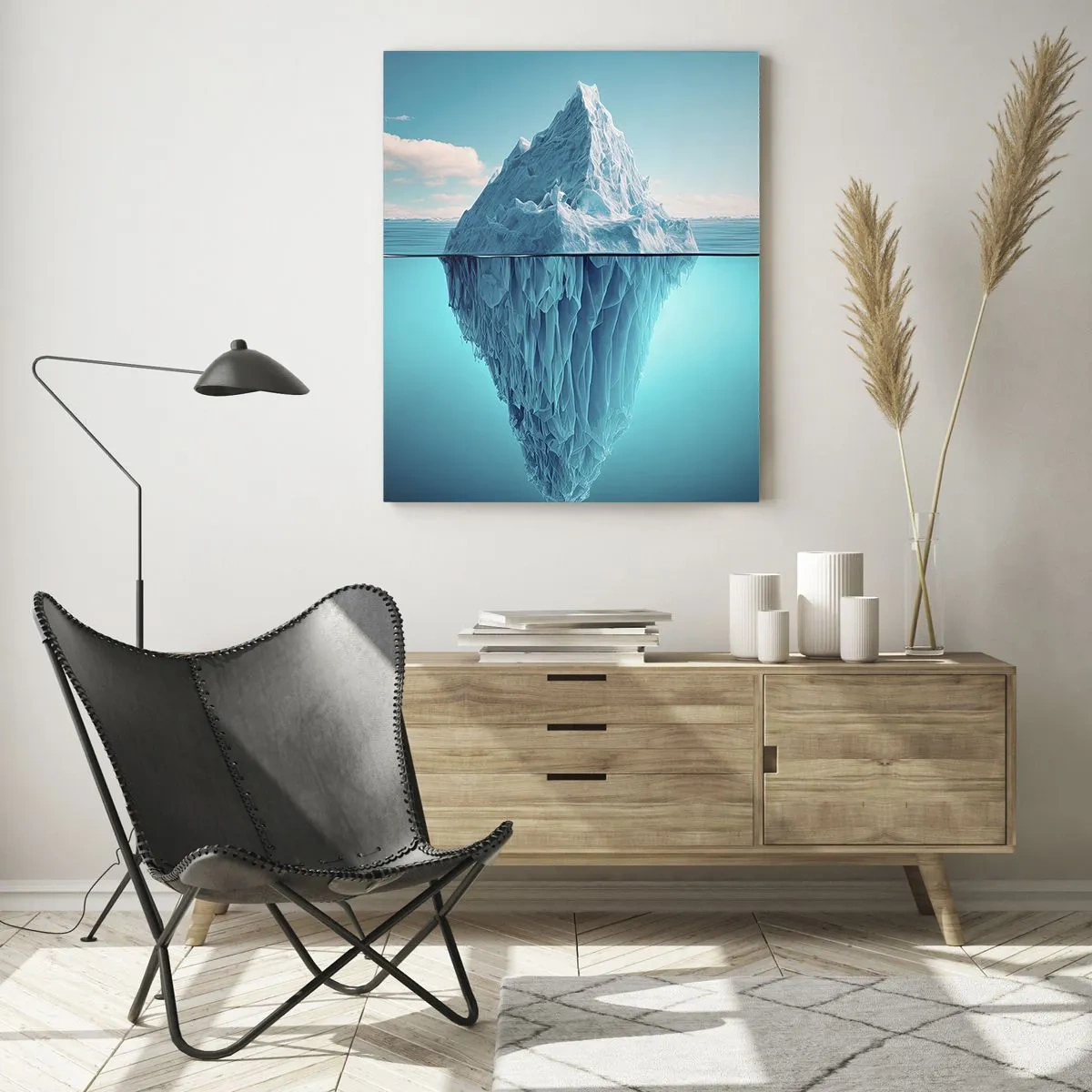 Cuadro sobre vidrio - Impresiones sobre Vidrio - Un iceberg visible por encima y por debajo de la superficie del agua. - 80x120cm - El trono de hielo - Decoración de pared moderna para salón y dormitorio ARTTOR