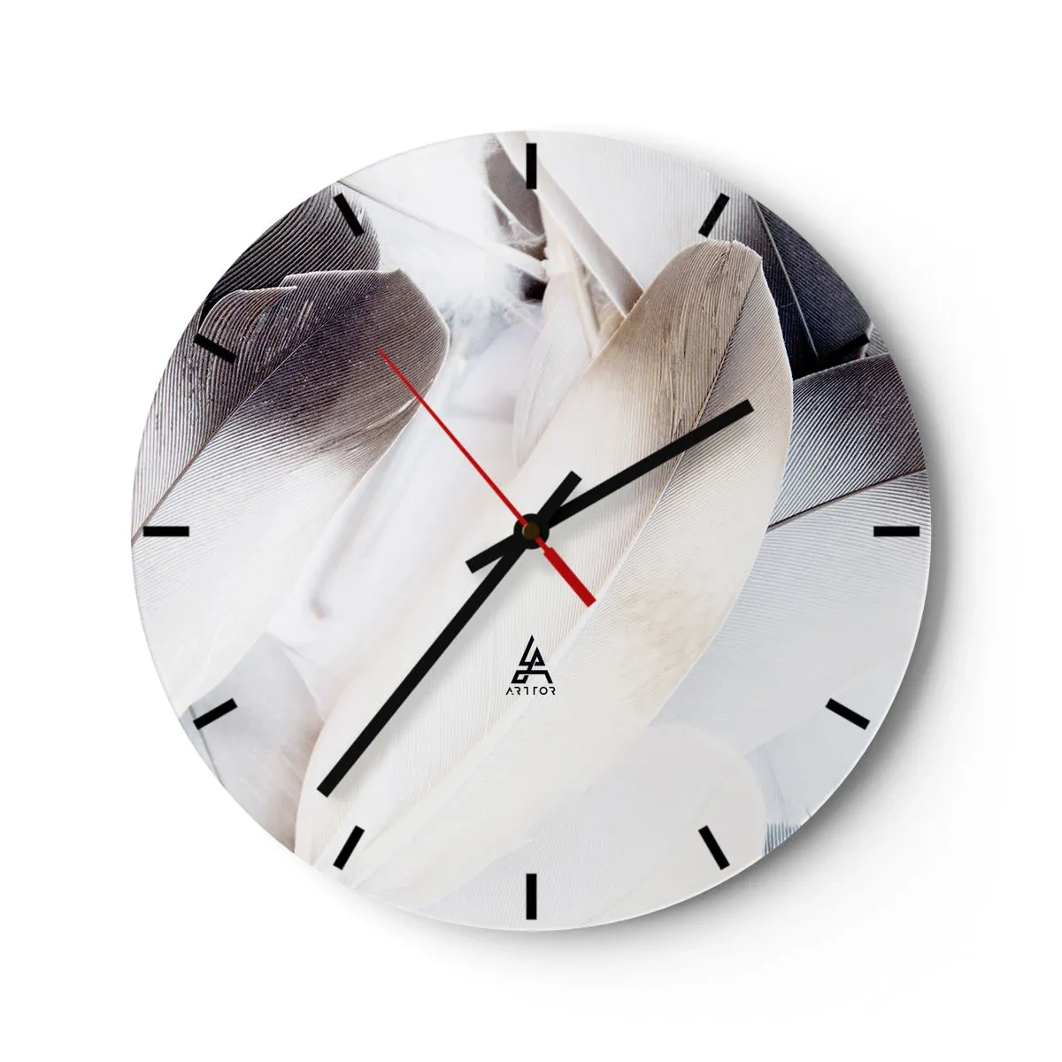 Reloj de pared - Reloj de vidrio - Plumas delicadas y brillantes en una composición artística. - 30x30cm - Casi angelical - Decoración de pared moderna para salón, cocina y dormitorio ARTTOR