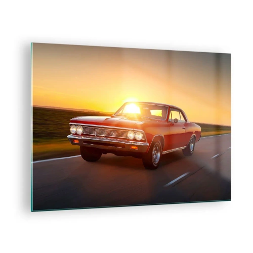 Cuadro sobre vidrio - Impresiones sobre Vidrio - Coche clásico rojo contra el sol poniente - 70x50cm - El deseo es rojo - Decoración de pared moderna para salón y dormitorio ARTTOR