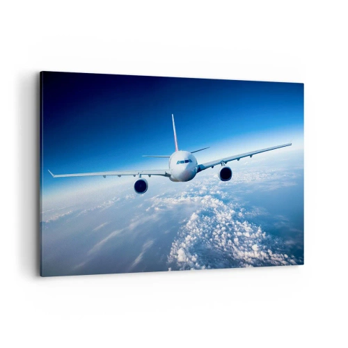 Cuadro sobre lienzo - Impresión de Imagen - Un avión volando sobre las nubes contra un cielo azul. - 120x80cm - Vuelo porque quiero - Decoración de pared moderna para salón y dormitorio ARTTOR