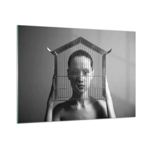 Cuadro sobre vidrio - Impresiones sobre Vidrio - Mujer con una jaula con forma de casa en su cara en blanco y negro - 100x70cm - Un retrato algo surrealista - Decoración de pared moderna para salón y dormitorio ARTTOR