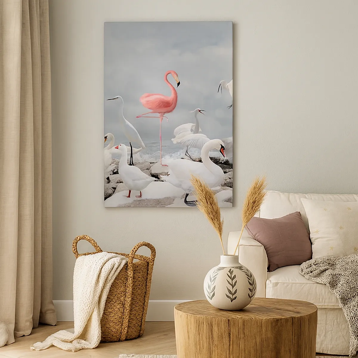 Cuadro sobre lienzo - Impresión de Imagen - Un flamenco rosado entre cisnes blancos con el fondo de un lago. - 50x70cm - ¿De dónde vengo? - Decoración de pared moderna para salón y dormitorio ARTTOR