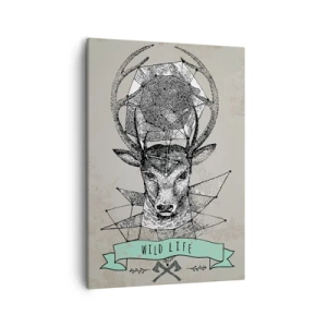 Cuadro sobre lienzo - Impresión de Imagen - Geometría de ciervo de estilo vintage con letras Wild Life - 50x70cm - Visión de San Huberto - Decoración de pared moderna para salón y dormitorio ARTTOR