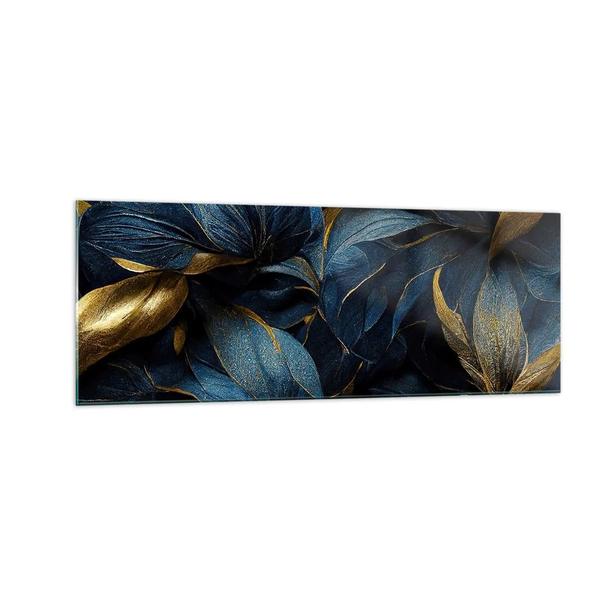 Cuadro sobre vidrio - Impresiones sobre Vidrio - Hojas elegantes en tonos dorados y azul marino. - 140x50cm - Forradas de oro - Decoración de pared moderna para salón y dormitorio ARTTOR