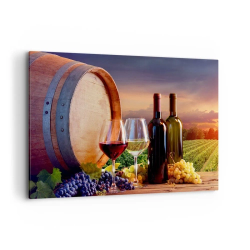 Cuadro sobre lienzo - Impresión de Imagen - Vino, copas y un barril en un paisaje pintoresco. - 120x80cm - Aquí la vida tiene un sabor - Decoración de pared moderna para salón y dormitorio ARTTOR