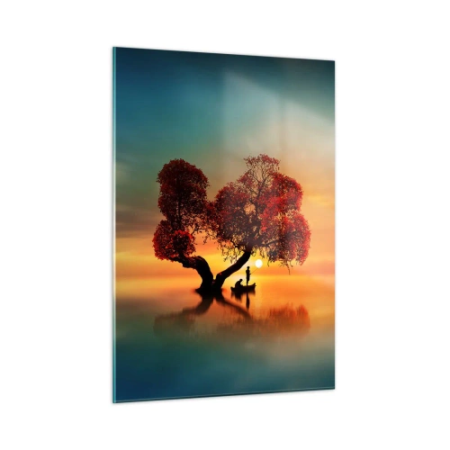 Cuadro sobre vidrio - Impresiones sobre Vidrio - Un árbol con hojas rojas con el atardecer como telón de fondo. - 50x70cm - La lejanía y el silencio del mundo - Decoración de pared moderna para salón y dormitorio ARTTOR