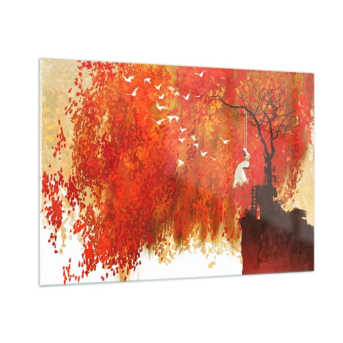 Cuadro sobre vidrio - Impresiones sobre Vidrio - Hojas rojas, un árbol solitario y pájaros en una escena otoñal. - 100x70cm - ¿Volará con ellos? - Decoración de pared moderna para salón y dormitorio ARTTOR