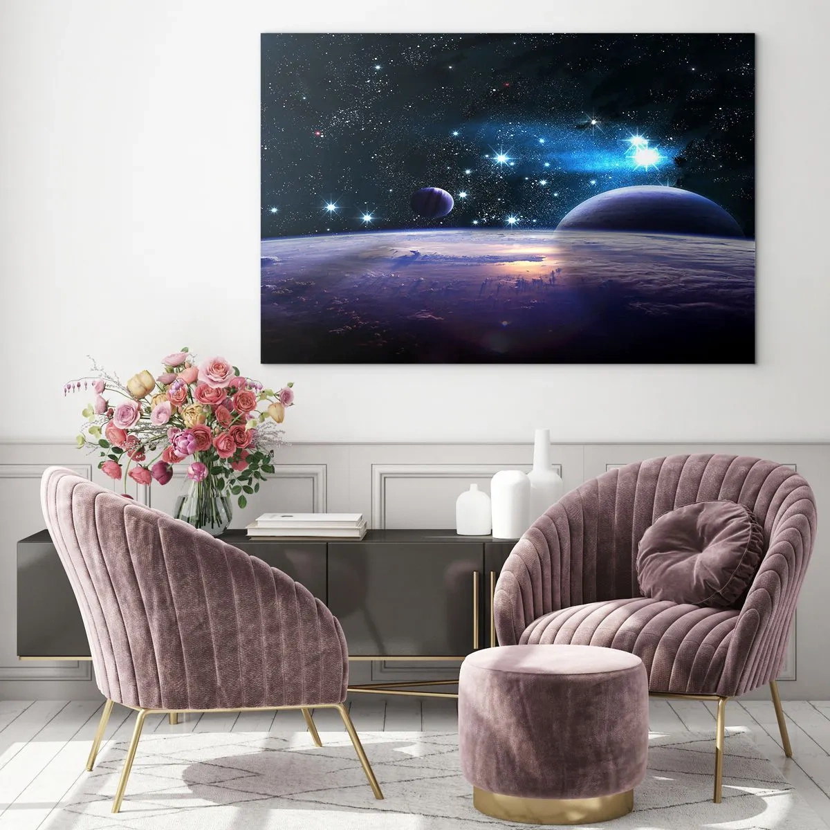 Cuadro sobre vidrio - Impresiones sobre Vidrio - Un paisaje espacial con planetas y estrellas sobre el fondo de una galaxia. - 70x50cm - ¿Sigues solo? - Decoración de pared moderna para salón y dormitorio ARTTOR
