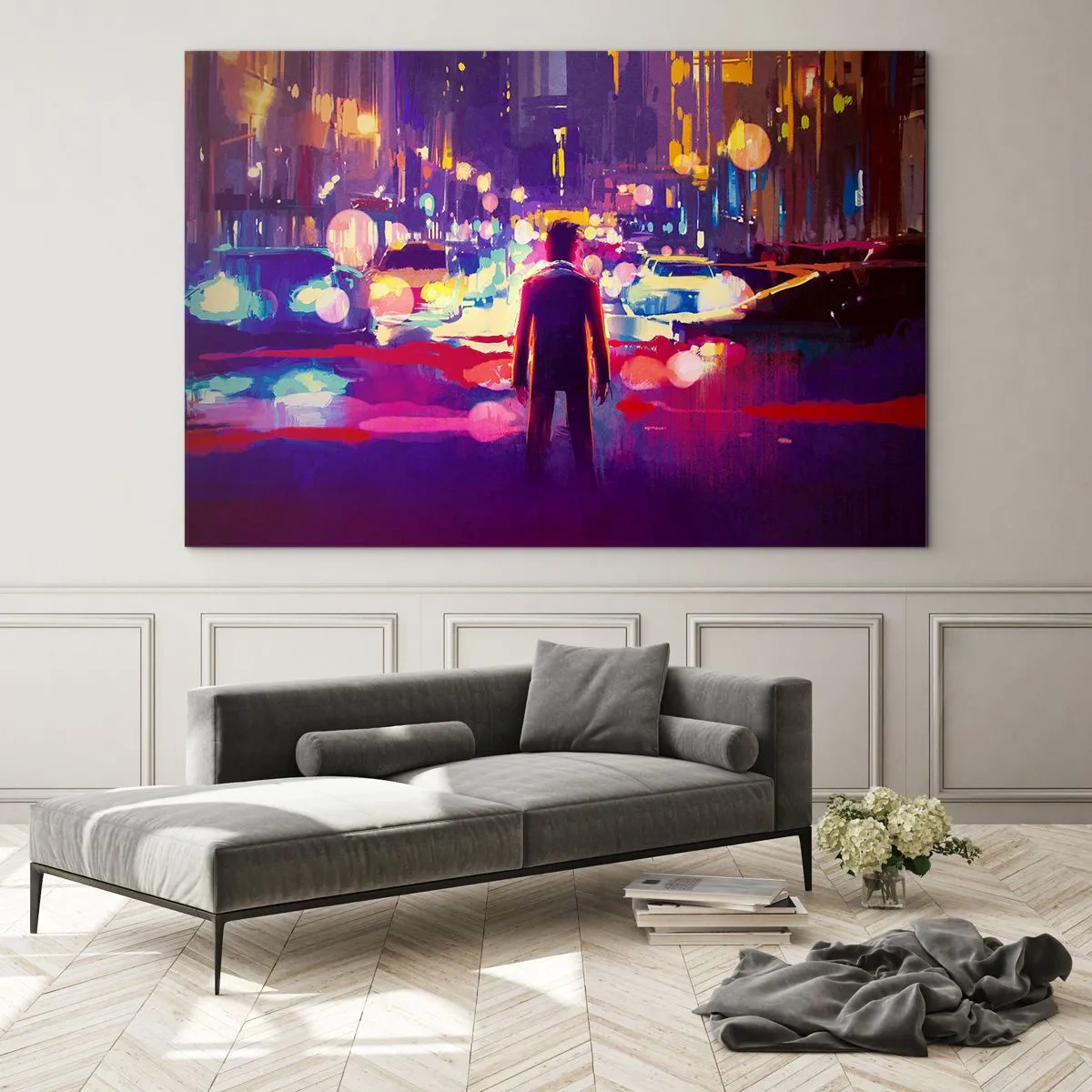 Cuadro sobre vidrio - Impresiones sobre Vidrio - Una figura en una luz nocturna urbana colorida y de estilo futurista. - 70x50cm - Inmerso en la luz - Decoración de pared moderna para salón y dormitorio ARTTOR