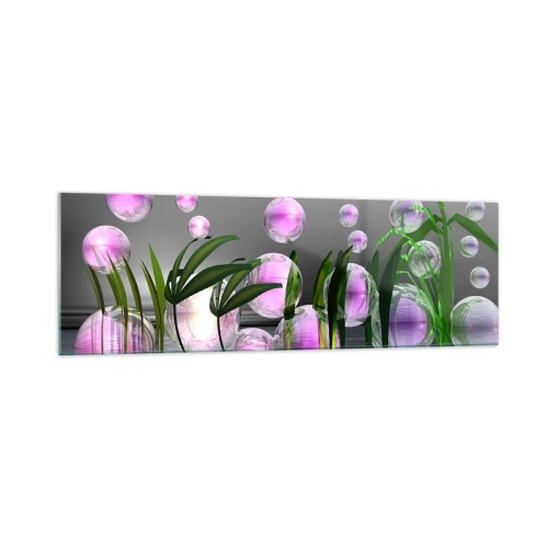 Cuadro sobre vidrio - Impresiones sobre Vidrio - Hojas verdes y burbujas rosadas sobre el agua sobre un fondo gris. - 160x50cm - Composición reflexiva de ligereza y vida - Decoración de pared moderna para salón y dormitorio ARTTOR