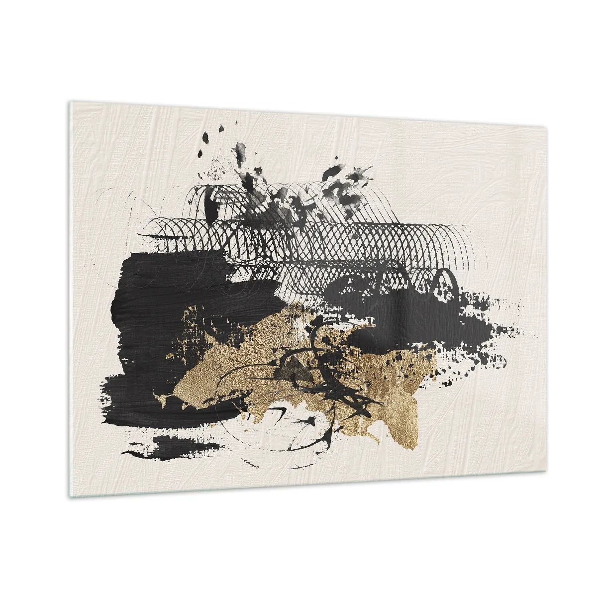 Cuadro sobre vidrio - Impresiones sobre Vidrio - Composición abstracta en negro y dorado sobre un fondo claro. - 100x70cm - Composición con pasión - Decoración de pared moderna para salón y dormitorio ARTTOR