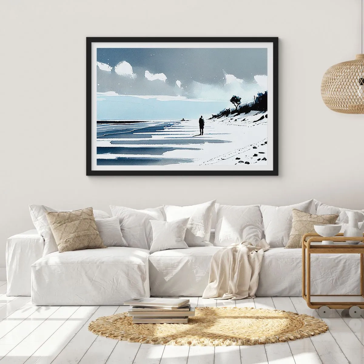 Póster en marco negro - Una figura solitaria caminando por una playa vacía - 70x50cm - Solo conmigo mismo - Decoración de pared moderna para salón y dormitorio ARTTOR