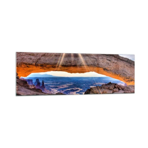Cuadro sobre vidrio - Impresiones sobre Vidrio - Arco de roca con vistas al cañón al amanecer. - 160x50cm - A través de la puerta de la roca - Decoración de pared moderna para salón y dormitorio ARTTOR