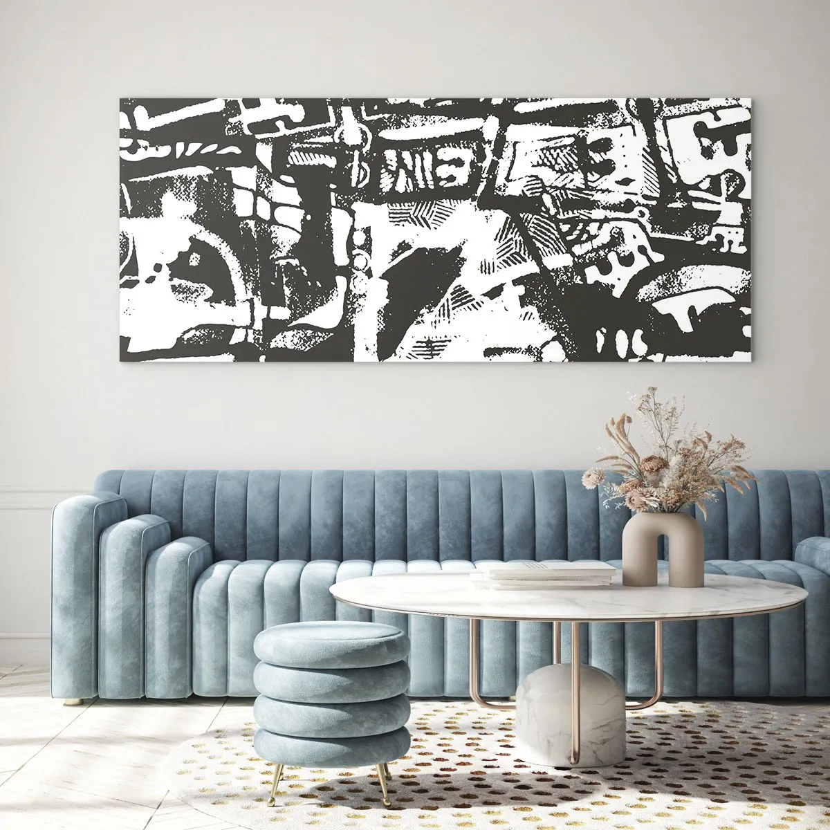 Cuadro sobre vidrio - Impresiones sobre Vidrio - Patrón retro monocromático abstracto - 120x50cm - ¿Orden o caos? - Decoración de pared moderna para salón y dormitorio ARTTOR