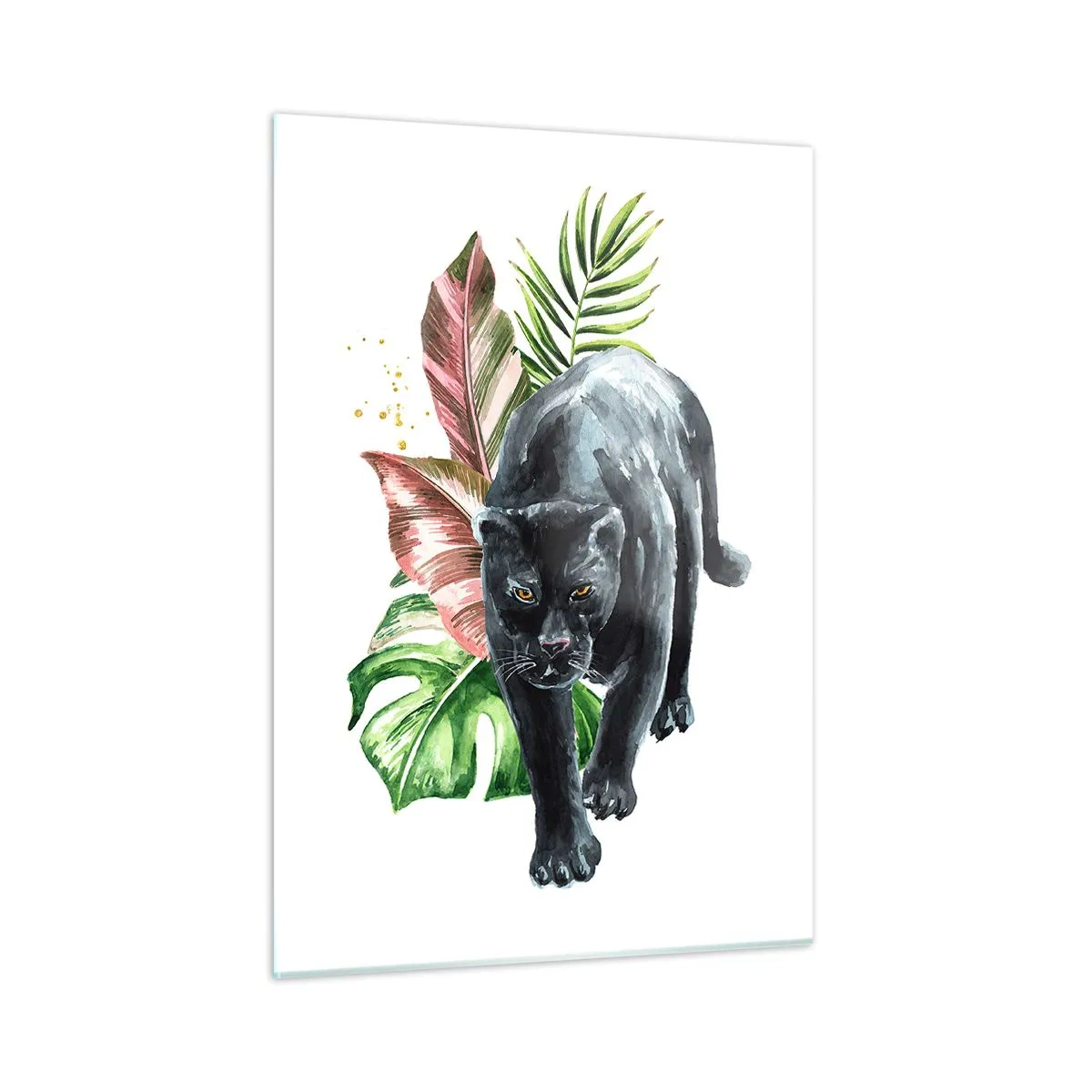 Cuadro sobre vidrio - Impresiones sobre Vidrio - Pantera negra sobre un fondo de hojas tropicales en estilo acuarela - 50x70cm - Salvaje de corazón - Decoración de pared moderna para salón y dormitorio ARTTOR