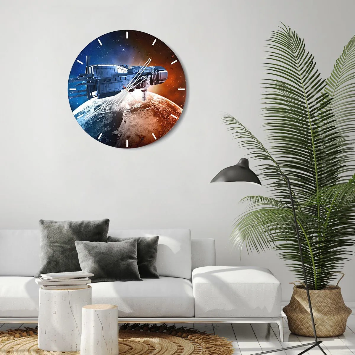 Reloj de pared - Reloj de vidrio - Una esfera de reloj con un motivo de una nave espacial flotando sobre la Tierra. - 30x30cm - Un observador atento - Decoración de pared moderna para salón, cocina y dormitorio ARTTOR