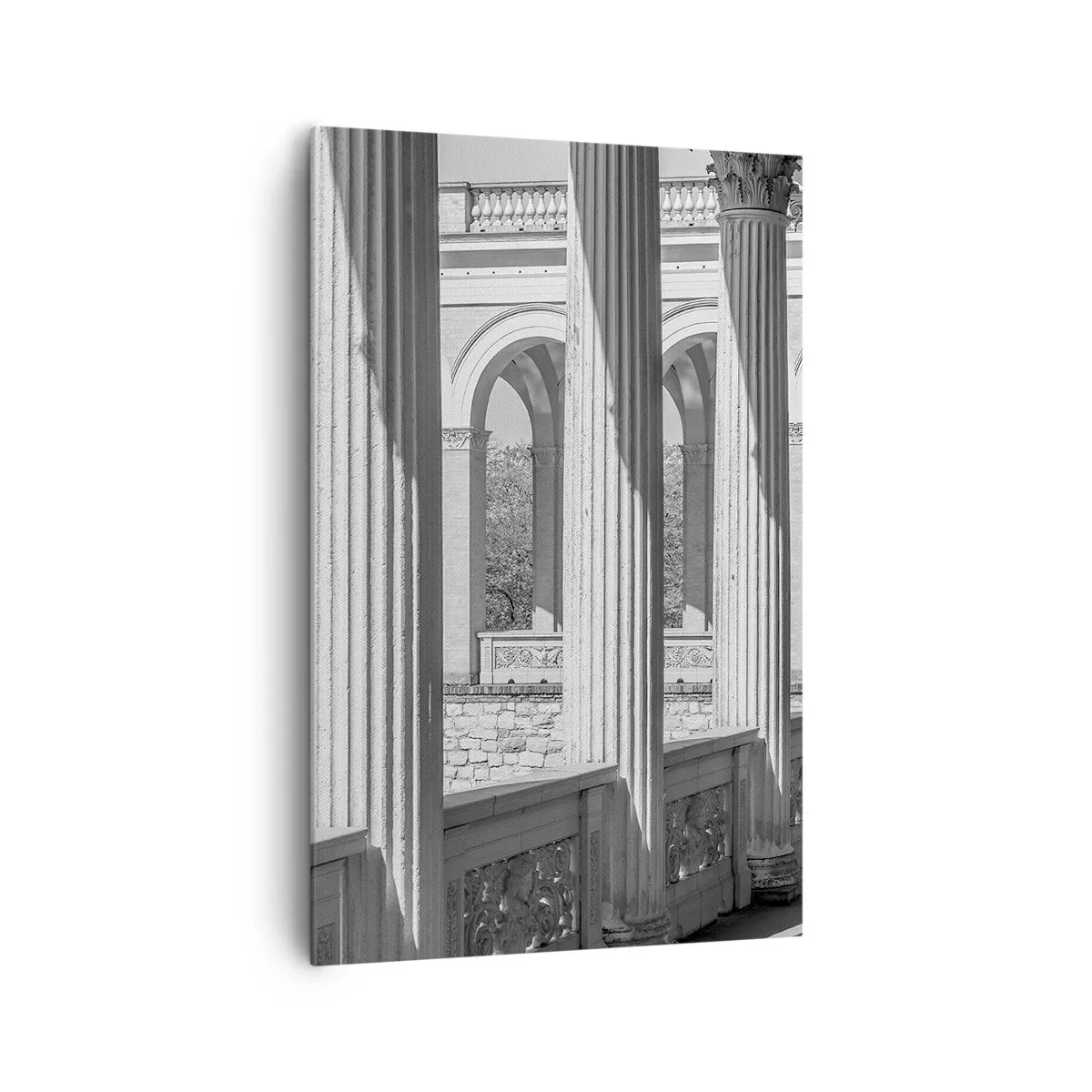 Cuadro sobre lienzo - Impresión de Imagen - Columnata de estilo clásico en blanco y negro - 80x120cm - Galería soleada - Decoración de pared moderna para salón y dormitorio ARTTOR
