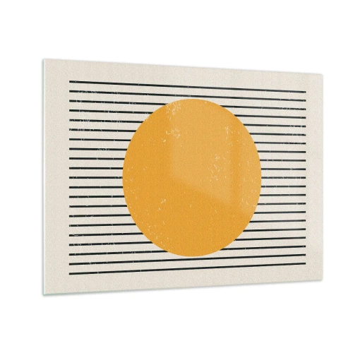 Cuadro sobre vidrio - Impresiones sobre Vidrio - Un círculo naranja sobre un fondo de líneas negras horizontales sobre un fondo beige. - 70x50cm - El poder de la sencillez - Decoración de pared moderna para salón y dormitorio ARTTOR