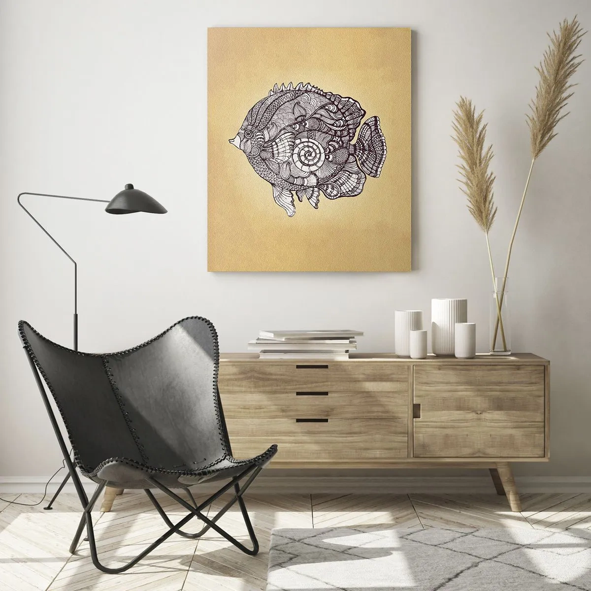 Cuadro sobre vidrio - Impresiones sobre Vidrio - Un pez de dibujos animados con adornos sobre un fondo beige. - 50x70cm - De un océano de ornamentos - Decoración de pared moderna para salón y dormitorio ARTTOR