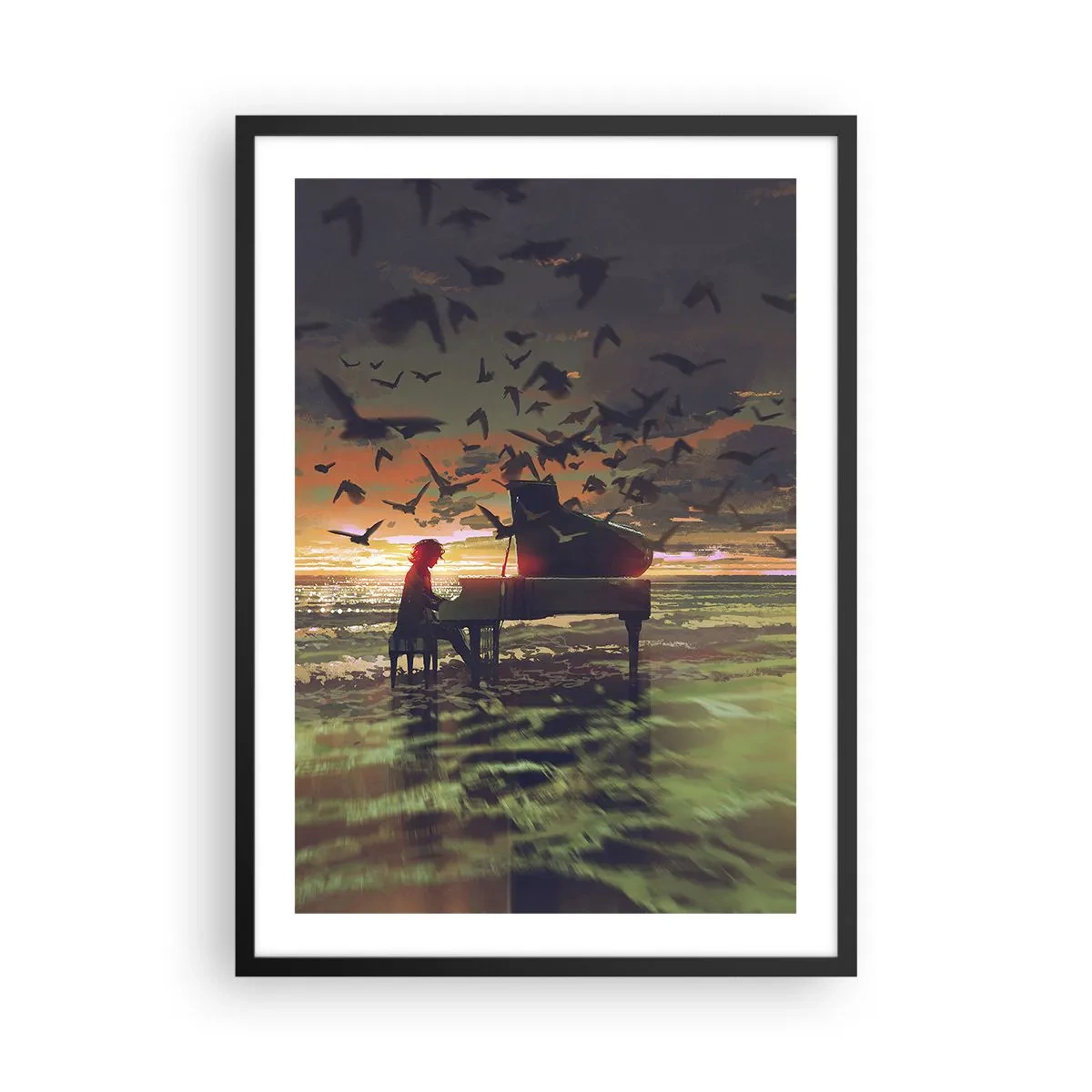 Póster en marco negro - Silueta de un pianista con el telón de fondo de una puesta de sol - 50x70cm - Concierto de piano y olas - Decoración de pared moderna para salón y dormitorio ARTTOR
