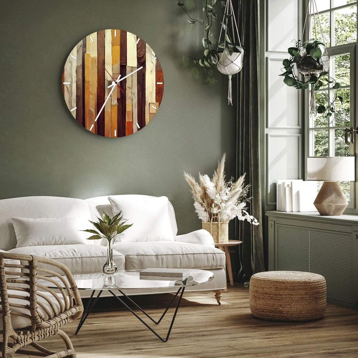 Reloj de pared - Reloj de vidrio - Rayas verticales en tonos madera y beige en estilo orgánico - 30x30cm - Himno de los árboles del bosque - Decoración de pared moderna para salón, cocina y dormitorio ARTTOR