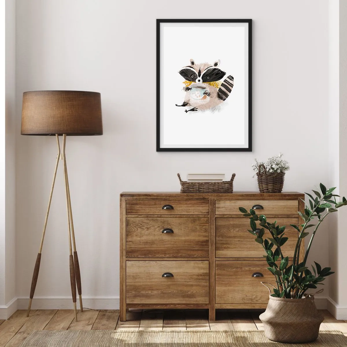 Póster en marco negro - Un dibujo de un mapache con una bufanda y sosteniendo una taza de té. - 50x70cm - Mi amigo mapache - Decoración de pared moderna para salón y dormitorio ARTTOR