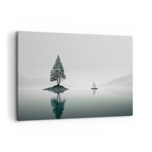 Cuadro sobre lienzo - Impresión de Imagen - Un paisaje minimalista con un árbol en una isla y un velero. - 120x80cm - Un sueño hecho realidad - Decoración de pared moderna para salón y dormitorio ARTTOR