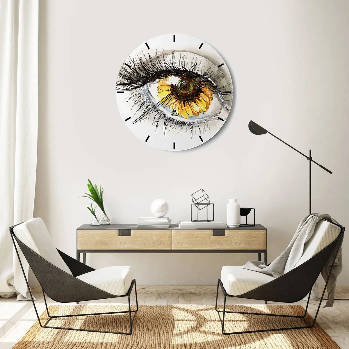 Reloj de pared - Reloj de vidrio - Ojo artístico con motivo de girasol. - 30x30cm - Un aspecto tan caluroso como el verano - Decoración de pared moderna para salón, cocina y dormitorio ARTTOR