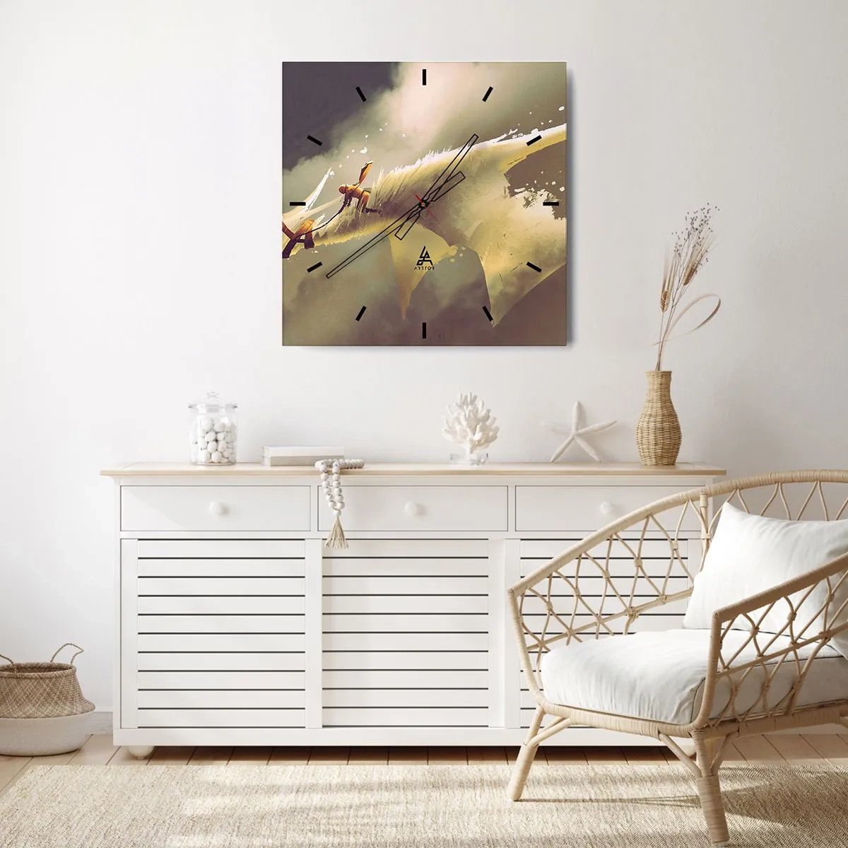 Reloj de pared - Reloj de vidrio - Ilustración de un jinete de dragón en un paisaje de nubes de fantasía - 30x30cm - Al rescate - Decoración de pared moderna para salón y dormitorio ARTTOR
