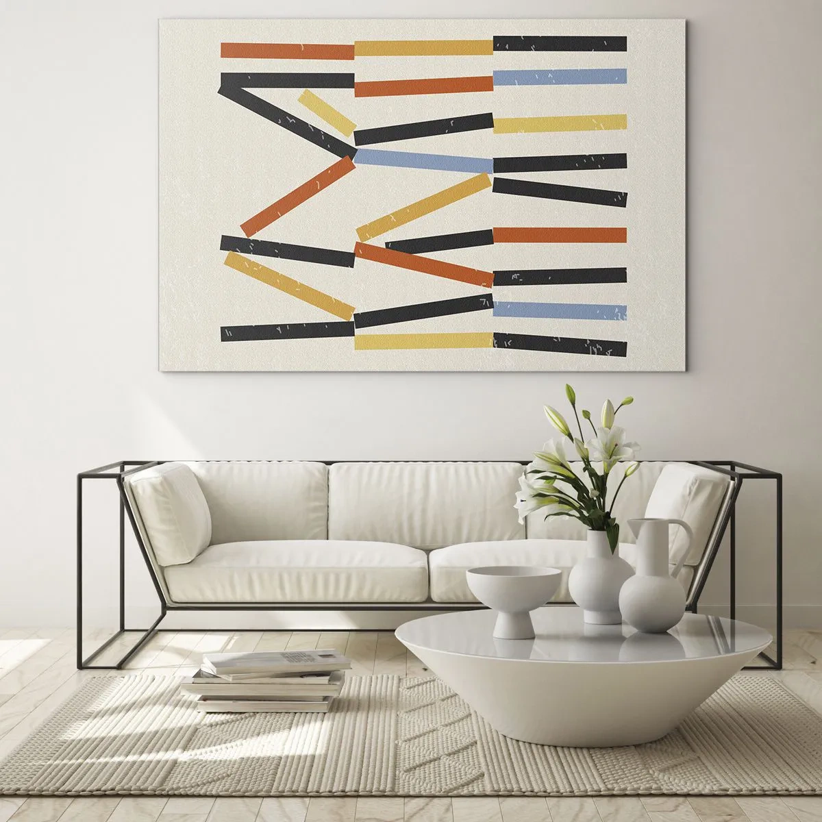 Cuadro sobre vidrio - Impresiones sobre Vidrio - Abstracción colorida de rayas horizontales y diagonales sobre un fondo claro. - 70x50cm - Composición horizontal - Decoración de pared moderna para salón y dormitorio ARTTOR